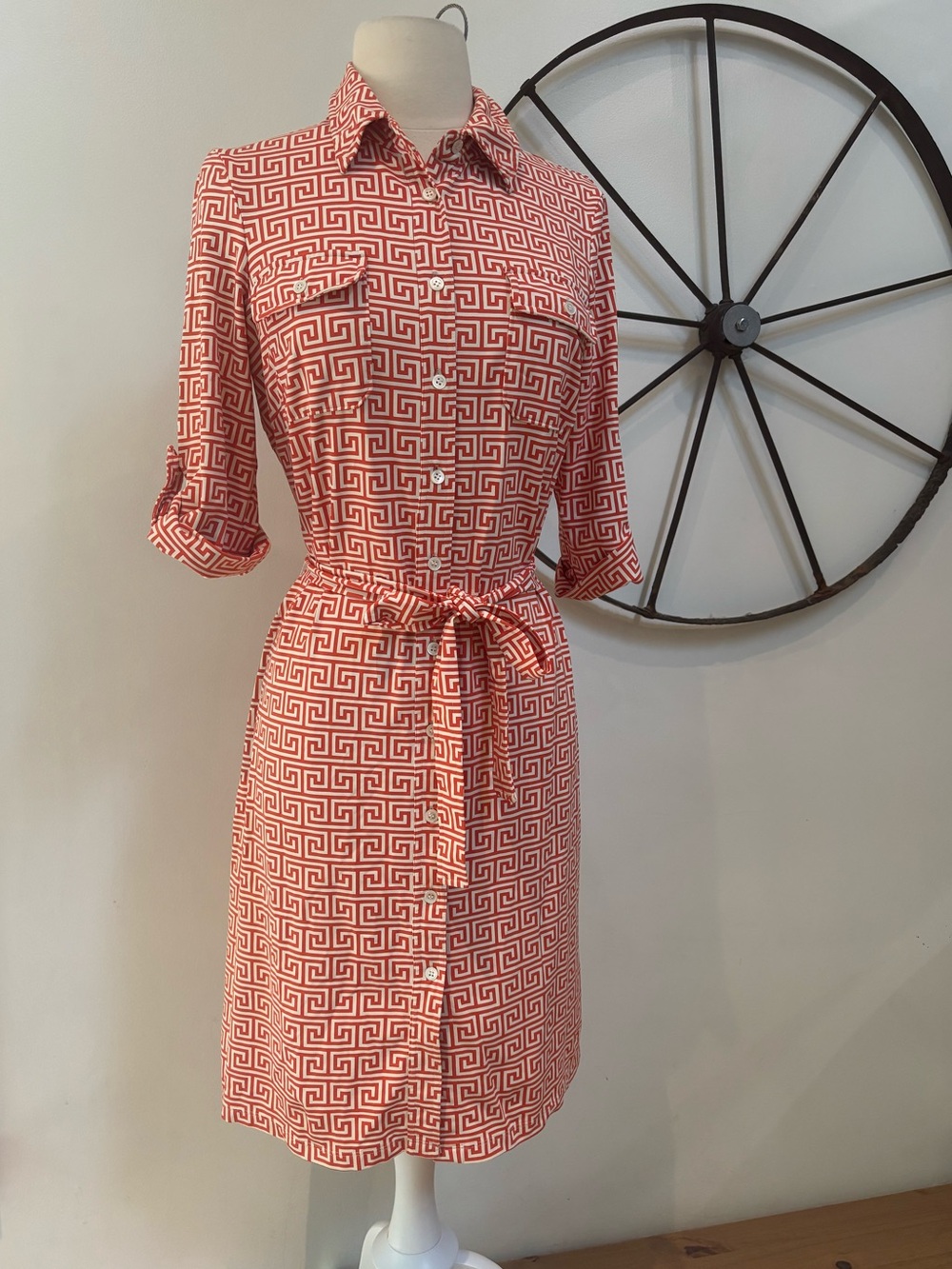 J. McLaughlin orange geometric patterned collared knee length S